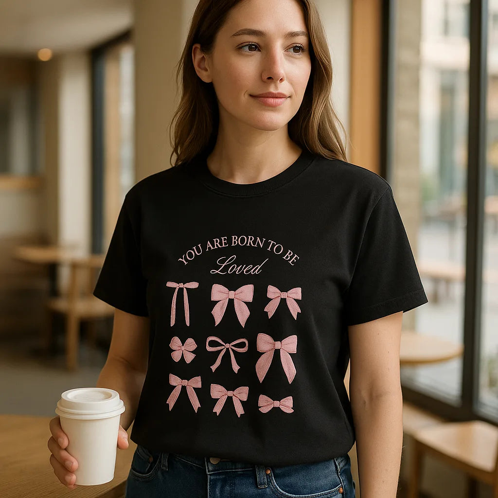 Pink Bow Crewneck Sweatshirt – “You Are Born to Be Loved” Graphic Pullover, Cozy Gift for Her, Birthday & Casual Wear