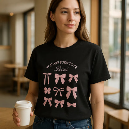Pink Bow Crewneck Sweatshirt – “You Are Born to Be Loved” Graphic Pullover, Cozy Gift for Her, Birthday & Casual Wear