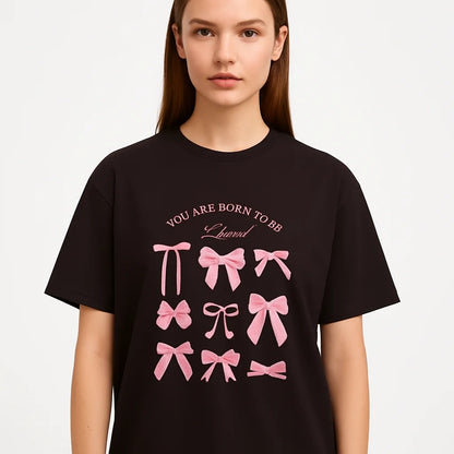 Pink Bow Crewneck Sweatshirt – “You Are Born to Be Loved” Graphic Pullover, Cozy Gift for Her, Birthday & Casual Wear