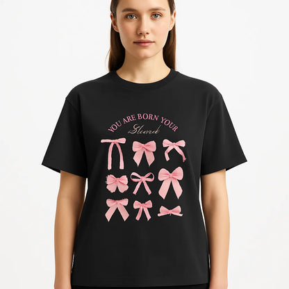 Pink Bow Crewneck Sweatshirt – “You Are Born to Be Loved” Graphic Pullover, Cozy Gift for Her, Birthday & Casual Wear