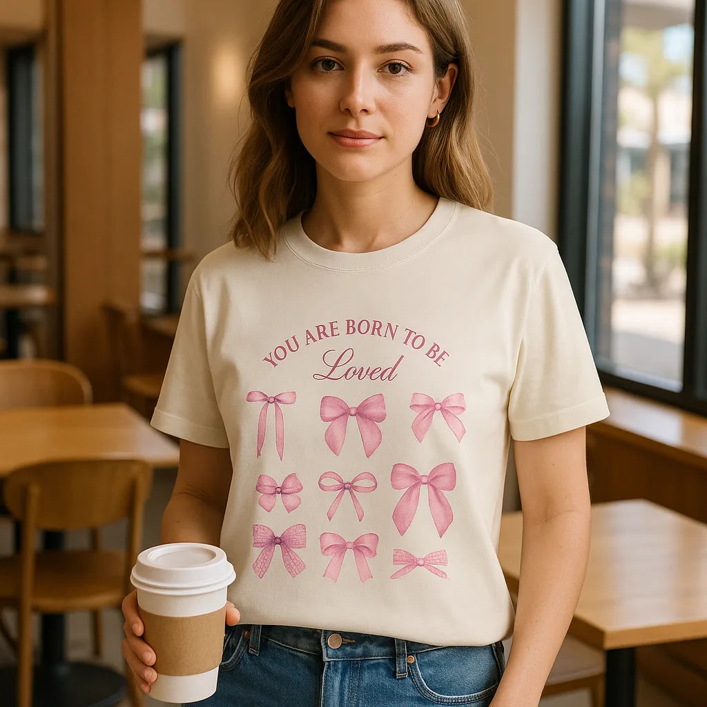 Pink Bow Crewneck Sweatshirt – “You Are Born to Be Loved” Graphic Pullover, Cozy Gift for Her, Birthday & Casual Wear